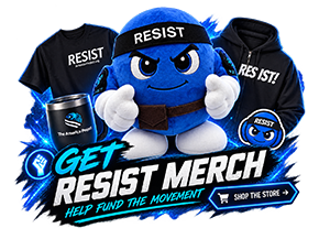 RESIST merch featuring the Blue plushie, shirt, hoodie, mug, and sticker